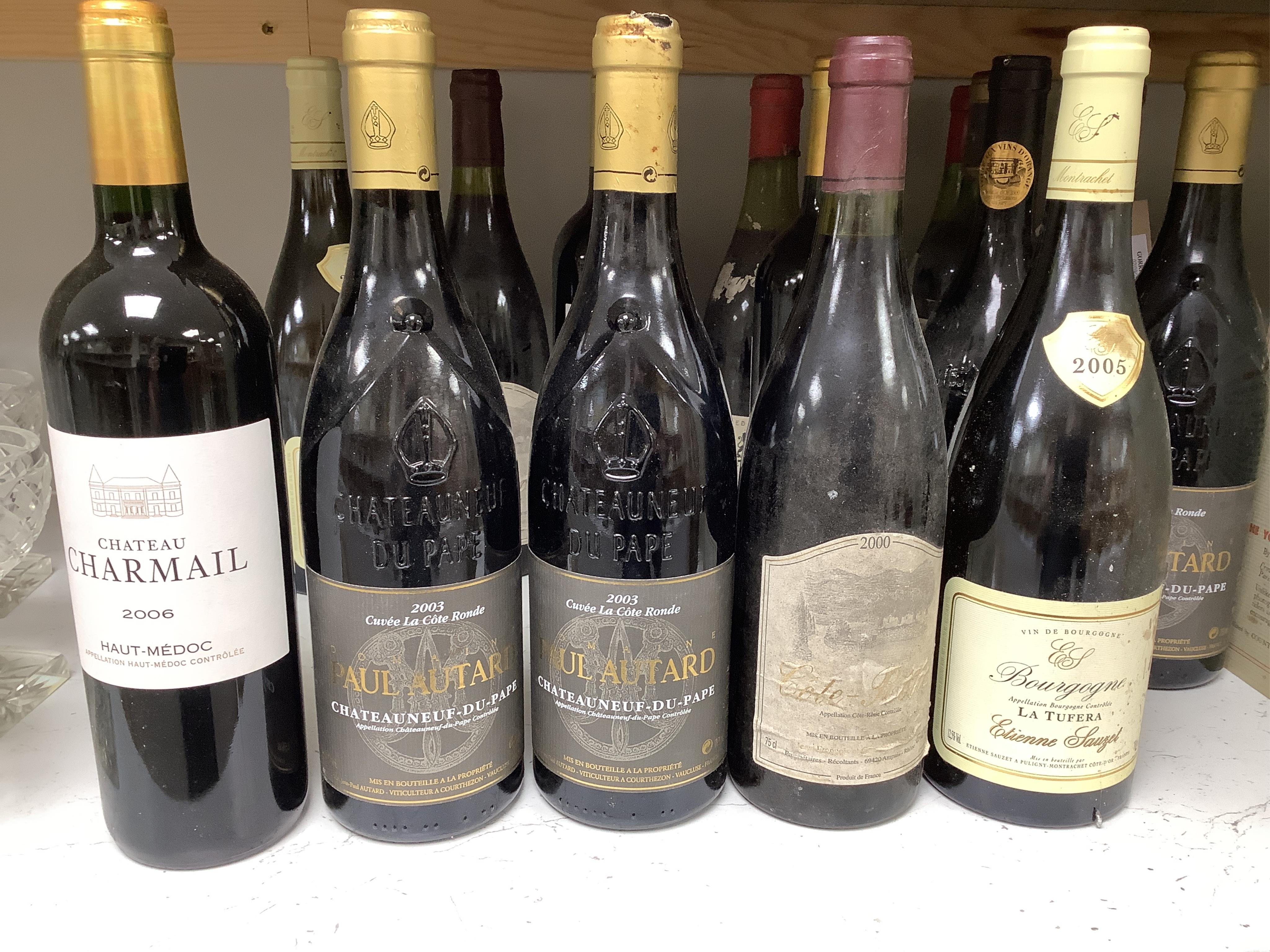 Eighteen various bottles of French wine to include Chateau Meyney Saint Estephe 1979, Paul Autard Chateauneuf-du-pape 2003 etc. Condition - externally poor to good, storage unknown